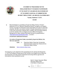 STATEMENT OF PROCEEDINGS FOR THE REGULAR MEETING OF THE BOARD OF SUPERVISORS OF THE COUNTY OF LOS ANGELES HELD IN ROOM 381B OF THE KENNETH HAHN HALL OF ADMINISTRATION 500 WEST TEMPLE STREET, LOS ANGELES, CALIFORNIA 90012