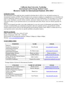 IESC Resource Guide[removed]California State University, Northridge International and Exchange Student Center  Resource Guide for International Students[removed]