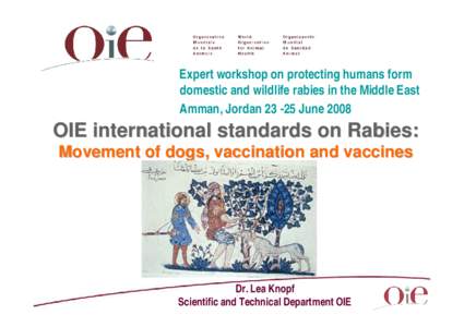 Expert workshop on protecting humans form domestic and wildlife rabies in the Middle East Amman, JordanJune 2008 OIE international standards on Rabies: Movement of dogs, vaccination and vaccines