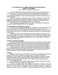 RECOGNITION OF CUSTOMARY MARRIAGES IN SOUTH AFRICA: A MODEL FOR NAMIBIA? Dianne Hubbard, Legal Assistance Centre, 2003