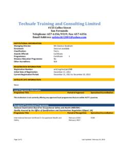      Techsafe	Training	and	Consulting	Limited	 #155	Coffee	Street