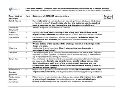 Checklist for REFLECT statement: Reporting guidelines For randomized control trials in livestock and food safety. Bold text are modifications from the CONSORT statement description (Altman DG et al . Ann Intern Med 2001;