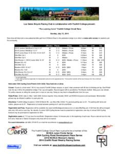 Los Gatos Bicycle Racing Club in collaboration with Foothill College present: “The Learning Curve” Foothill College Circuit Race Sunday, July 13, 2014 Race fees will help fund a new pedestrian/bike path from El Monte