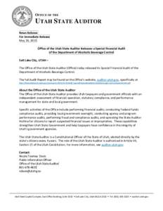 OFFICE OF THE  UTAH STATE AUDITOR News Release For Immediate Release May 26, 2015