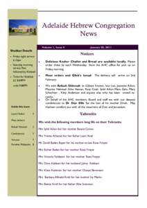 Adelaide Hebrew Congregation News Volume 1, Issue 4 Shabbat Details Friday night service