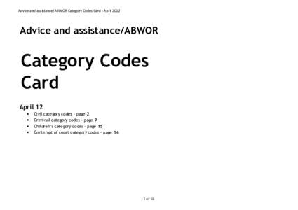 Advice and assistance/ABWOR Category Codes Card - April[removed]Advice and assistance/ABWOR Category Codes Card