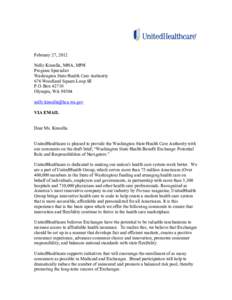 February 27, 2012 Nelly Kinsella, MHA, MPH Program Specialist Washington State Health Care Authority 676 Woodland Square Loop SE P.O. Box 42710