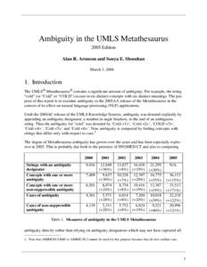 Ambiguity in the UMLS Metathesaurus 2005 Edition Alan R. Aronson and Sonya E. Shooshan March 3, [removed]Introduction