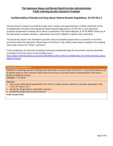 The Substance Abuse and Mental Health Services Administration Public Listening Session Comment Template Confidentiality of Alcohol and Drug Abuse Patient Records Regulations, 42 CFR Part 2 This document is meant to provi