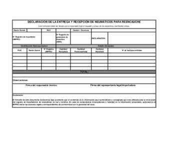 DECLARACION DE LA ENTREGA Y RECEPCIÓN DE NEUMÁTICOS PARA REENCAUCHE Este formulario debe ser llenado por el importador bajo el respaldo y anexo de los respectivos manifiestos únicos. Razón Social: RUC