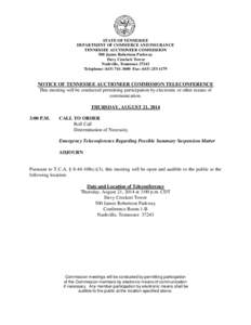 STATE OF TENNESSEE DEPARTMENT OF COMMERCE AND INSURANCE TENNESSEE AUCTIONEER COMMISSION 500 James Robertson Parkway Davy Crockett Tower Nashville, Tennessee 37243