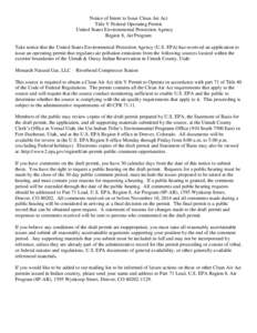 Notice of Intent to Issue Clean Air Act Title V Federal Operating Permit United States Environmental Protection Agency Region 8, Air Program Take notice that the United States Environmental Protection Agency (U.S. EPA) h