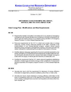 2007 KS Legislation Impacting Energy, Biofuels, and the State Energy Plan