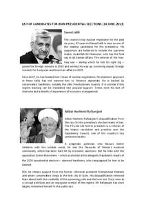 LIST OF CANDIDATES FOR IRAN PRESIDENTIAL ELECTIONS (14 JUNE[removed]Saeed Jalili The country’s top nuclear negotiator for the past six years, 47-year-old Saeed Jalili is seen as one of the leading candidates for the pres