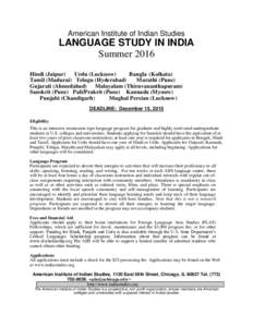 American Institute of Indian Studies  LANGUAGE STUDY IN INDIA Summer 2016 Hindi (Jaipur) Urdu (Lucknow)