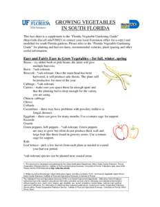 GROWING VEGETABLES IN SOUTH FLORIDA This fact sheet is a supplement to the “Florida Vegetable Gardening Guide” (http://edis.ifas.ufl.edu/VH021 or contact your local Extension office for a copy) and modified for south
