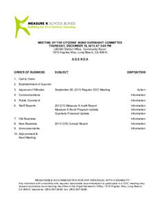    	
   MEETING OF THE CITIZENS’ BOND OVERSIGHT COMMITTEE THURSDAY, DECEMBER 19, 2013 AT 5:00 PM LBUSD District Office, Community Room