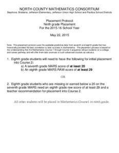 NORTH COUNTY MATHEMATICS CONSORTIUM Bayshore, Brisbane, Jefferson Elementary, Jefferson Union High School and Pacifica School Districts Placement Protocol Ninth grade Placement For theSchool Year