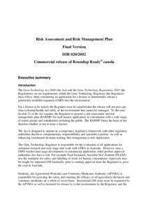 Risk Assessment and Risk Management Plan Final Version DIR[removed]Commercial release of Roundup Ready® canola  Executive summary