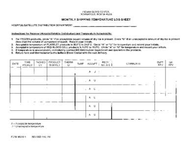 INDIANA BLOOD CENTER, INDIANAPOLIS, INDIANA[removed]MONTHLY SHIPPING TEMPERATURE LOG SHEET HOSPITAL/SATELLITE DISTRIBUTION DEPARTMENT _ _ _ _ _ _ _ _ _ _ _ _ _ _ _ _ __