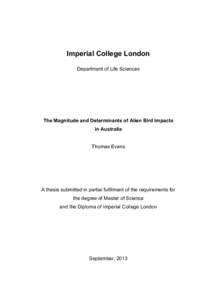 Imperial College London Department of Life Sciences The Magnitude and Determinants of Alien Bird Impacts in Australia Thomas Evans