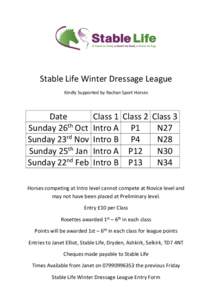 Stable Life Winter Dressage League Kindly Supported by Rachan Sport Horses Date Sunday 26th Oct Sunday 23rd Nov