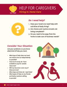 HELP FOR CAREGIVERS Hiring In-Home Care Do I need help? 1.	 Does your loved one need help with activities of daily living?