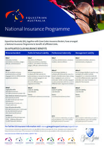 National Insurance Programme Equestrian Australia (EA), together with Gow-Gates Insurance Brokers, have arranged a National Insurance Programme to benefit all affiliated clubs. EA AFFILIATED CLUB INSURANCE BENEFITS Perso