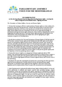 PARLIAMENTARY ASSEMBLY UNION FOR THE MEDITERRANEAN RECOMMENDATION on the role of parliaments in protecting and promoting human rights - securing the safety of migrants in the Mediterranean - fighting terrorism