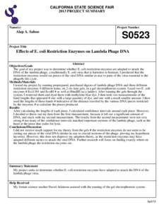CALIFORNIA STATE SCIENCE FAIR 2013 PROJECT SUMMARY Name(s)  Alap A. Sahoo