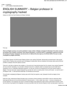 ENGLISH SUMMARY – Belgian professor in cryptography hacked - De Standaard