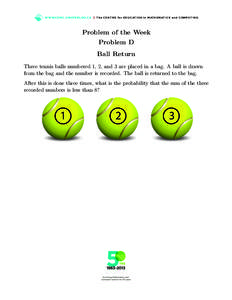 WWW.C E M C .U WAT E R LO O.C A | T h e C E N T R E fo r E D U C AT I O N i n M AT H E M AT I C S a n d CO M P U T I N G  Problem of the Week Problem D Ball Return Three tennis balls numbered 1, 2, and 3 are placed in a 