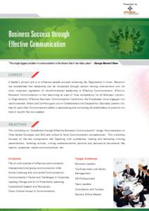 Presented by  Business Success through Effective Communication “The single biggest problem in communication is the illusion that it has taken place” – George Bernard Shaw