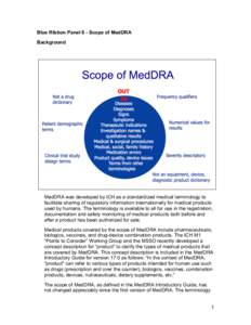 Blue Ribbon Panel 8 - Scope of MedDRA Background MedDRA was developed by ICH as a standardized medical terminology to facilitate sharing of regulatory information internationally for medical products used by humans. The 