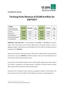 Registration No: 199105392H  FOR IMMEDIATE RELEASE Tat Hong Posts Revenue of S$109.8 million for 2QFY2017