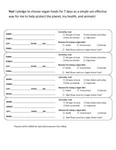 Yes! I pledge to choose vegan foods for 7 days as a simple yet effective way for me to help protect the planet, my health, and animals! NAME: _________________________________________ STREET: ____________________________