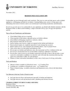 UNIVERSITY OF TORONTO  Ancillary Services November 2012 RESIDENT PEST EXCLUSION TIPS