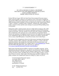 Avenal Energy Project Final Permit Decision Announcement, Kings County, Ca