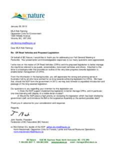 January 29, 2013 MLA Rob Fleming Opposition Critic for Environment 1020 Hillside Avenue Victoria, BC V8T 2A3 [removed]