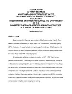 TESTIMONY OF G. TRACY MEHAN, III ASSISTANT ADMINISTRATOR FOR WATER U.S. ENVIRONMENTAL PROTECTION AGENCY BEFORE THE SUBCOMMITTEE ON WATER RESOURCES AND ENVIRONMENT