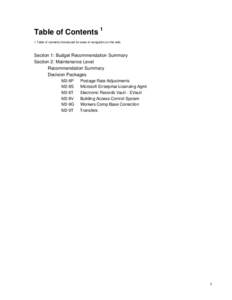 Table of Contents 1 1 Table of contents introduced for ease of navigation on the web. Section 1: Budget Recommendation Summary Section 2: Maintenance Level Recommendation Summary