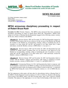 News release - MFDA announces disciplinary proceeding in respect of Robert Bruce Rush