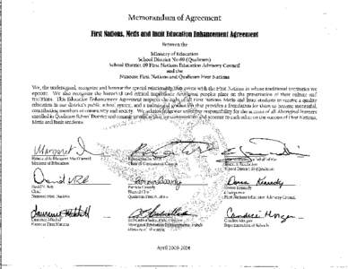 Aboriginal Education Enhancement Agreement, School District 69 Qualicum - Memorandum of Agreement