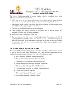 TOWN OF MINDEN Tree Species List for Landscaping Adjacent to Town Sidewalks, Streets, and Utilities The Town of Minden requests that all new tree planting within the Town limits adhere to the following recommended tree s