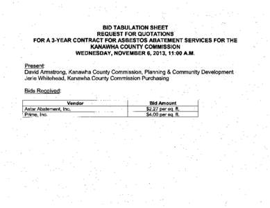 BID TABULATION SHEET · REQUEST FOR QUOTATIONS. FOR A 3-YEAR .CONTRACT FOR ASBESTos· ABATEMENT SERVICES FOR THE· KANAWHA COUNTY COMMISSION . WEDNESDAY, NOVEMBER 6, 2013, 1~:00 A.M. Present: