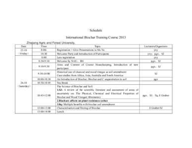Schedule International Biochar Training Course 2013 Zhejiang Agric and Forest University, Date 25.10 （Friday）