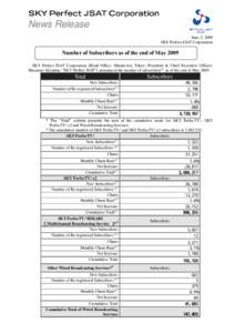 News Release June 2, 2009 SKY Perfect JSAT Corporation Number of Subscribers as of the end of May 2009 SKY Perfect JSAT Corporation (Head Office: Minato-ku, Tokyo; President & Chief Executive Officer;