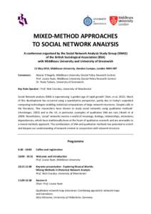 MIXED-METHOD APPROACHES TO SOCIAL NETWORK ANALYSIS A conference organised by the Social Network Analysis Study Group (SNAG) of the British Sociological Association (BSA) with Middlesex University and University of Greenw