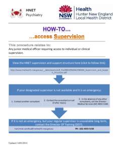 Any junior medical officer requiring access to individual or clinical supervision. View the HNET supervision and support structure here (click to follow link): http://www.hnehealth.nsw.gov.au/__data/assets/pdf_file/0004/