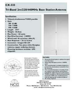 CX-333 Tri-Band 2m/220/440MHz Base Station Antenna Specifications • Triband, simultaneous TX/RX possible • Gain: 2M: 6.5dBi